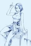  bad_id belt boots breasts capcom cleavage hair_over_one_eye high_heels jill_valentine knee_boots miniskirt monochrome open_mouth rakuto_mangan resident_evil resident_evil_3 shoes short_hair sitting skirt solo tied_shirt tubetop 