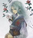  bad_id camellia camellia_(flower) chinese_clothes copyright_request flower green_eyes grey_hair hanfu jewelry long_hair monkey necklace ron simple_background solo white_hair 