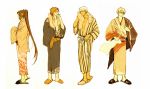  archer assassin assassin_(f/sn) assassin_(fate/stay_night) bathrobe blonde_hair cigarette crimo dark_skin earrings fate/stay_night fate_(series) gilgamesh japanese_clothes jewelry lancer male monochrome multiple_boys muted_color muted_colors ponytail slippers towel vertical_stripes 