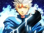  armor beowulf blue_eyes devil_may_cry fingerless_gloves gauntlets gloves glowing male nagare short_hair solo vergil weapon white_hair 