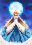  arcueid_brunestud bad_id bare_shoulders blonde_hair breasts cleavage detached_sleeves dress full_moon long_hair moon night night_sky outstretched_hand red_eyes sky strapless_dress tsukihime tsukikanade very_long_hair 
