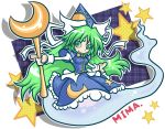  bowtie capelet character_name chibi crescent_moon dress ghost ghost_tail green_hair hat highres long_hair mima moon pointing polka_dot setter_(seven_stars) smile solo staff star sun touhou touhou_(pc-98) weapon wizard_hat 