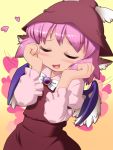  animal_ears blush brooch bust closed_eyes eyes_closed hat heart heart_in_mouth jewelry mystia_lorelei open_mouth pink_hair short_hair simple_background smile solo touhou wings you_naka 