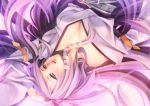  bare_shoulders breasts cleavage copyright_request highres japanese_clothes momoi_komomo original purple_eyes purple_hair solo upside-down 
