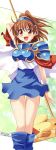  1girl arle_nadja armor armored_dress brown_eyes brown_hair capelet carbuncle_(puyopuyo) character_name creature green_background highres puyopuyo sakagami_yuura short_hair skirt smile staff 