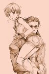  :o bad_id belt billy_coen blush boots capcom carrying cutoffs denim denim_shorts earrings fingerless_gloves gloves high_heels jewelry knee_boots monochrome person_over_shoulder rakuto_mangan rebecca_chambers resident_evil resident_evil_0 shoes short_hair shorts sunglasses sweatdrop 