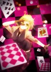  blurry card cards depth_of_field falling_card formal from_above garter_straps garters gloves green_eyes green_hair gumi horns necktie playing_card poker_face_(vocaloid) short_hair solo suit thigh-highs thighhighs vocaloid zuoyou 