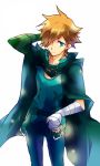  6-k-i-7 archer_(fate/extra) bandage bandages blue_eyes brown_hair cape fate/extra fate/stay_night fate_(series) hair_over_one_eye hand_behind_head male simple_background solo white_background 