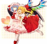  aristocrat-y arm_hug ascot bat_wings blonde_hair blue_hair bow closed_eyes dress eyes_closed flandre_scarlet hat hat_bow heart homura_(aristocrat-y) light_smile long_hair mary_janes multiple_girls no_shoes open_mouth red_eyes remilia_scarlet shoes short_sleeves siblings side_ponytail sisters smile socks touhou white_legwear wince wings wrist_cuffs 