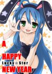  :d \m/ ahoge animal_ears azuse_neko black_legwear blue_hair blue_nails breasts bunny_ears bunnysuit cleavage fingernail_polish flat_chest green_eyes izumi_konata long_hair lucky_star mole nail_polish open_mouth smile solo star thigh-highs thighhighs zettai_ryouiki 