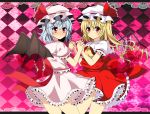  absurdres bad_id bat_wings blonde_hair blue_hair checkered checkered_background dress flandre_scarlet hand_holding hands_clasped hat highres holding_hands interlocked_fingers red_eyes remilia_scarlet ruruan_(piitan) siblings sisters touhou wings 