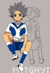  2boys back-to-back brown_hair inazuma_eleven_(series) inazuma_eleven_go inazuma_eleven_go_galaxy lightning_bolt male matatagi_hayato matsukaze_tenma multiple_boys nano_(lanthan00) shinsei_inazuma_japan simple_background sitting soccer_uniform 