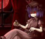  blue_hair cherry cup curtains dress food fruit full_moon grin hat moon nice pudding pun purple_hair red_eyes red_moon remilia_scarlet short_hair sitting slit_pupils smile solo spoon touhou what_is_a_man? window 