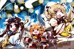  &gt;_&lt; :&lt; :3 :d =_= band drum drum_set fang guitar instrument luna_child multiple_girls nyoron_(fudegatana) okisimo open_mouth smile star_sapphire sunny_milk touhou 