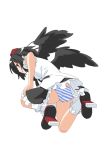  1girl ass bad_id black_hair from_below geta hat panties pantyshot peko pepepe red_eyes shameimaru_aya short_hair simple_background solo striped striped_panties tokin_hat touhou underwear wings 