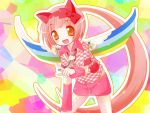  :d bent_over bow cat_ears hello_kitty long_hair long_sleeves nekomura_iroha pink_hair ponytail rainbow rainbow_background skirt smile tagme vocaloid wings 