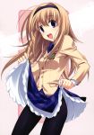  blazer blonde_hair blue_eyes chaos;head hairband highres long_hair matsuo_yukihiro nishijou_nanami open_mouth pantyhose skirt skirt_lift slip_skirt solo 