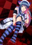  absurdres animal_ears bad_id blood blood_on_face blue_hair checkered feet gloves green_eyes highres maid maid_headdress multicolored_hair object_spring panty_&amp;_stocking_with_garterbelt simple_background sitting solo stocking_(character) stocking_(psg) striped striped_legwear thigh-highs thighhighs tongue two-tone_hair 