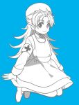  1boy armband blue_background crossdressinging dress fusion inazuma_eleven_(series) inazuma_eleven_go inazuma_eleven_go_chrono_stone king_arthur_(inazuma_eleven) long_hair male matsukaze_tenma monochrome nano_(lanthan00) nurse red_cross simple_background smile solo 