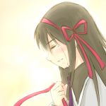  akemi_homura black_hair closed_eyes eyes_closed long_hair mahou_shoujo_madoka_magica piku ribbon solo tears 