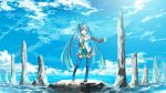  clouds detached_sleeves hatsune_miku highres kouji_(astral_reverie) singing sky thigh-highs thighhighs twintails vocaloid water zettai_ryouiki 