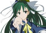  ascot capelet green_eyes green_hair hat highres long_hair mima nanagi_(tension) parody pointing solo to_aru_kagaku_no_railgun to_aru_majutsu_no_index touhou touhou_(pc-98) white_background 