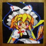  1girl :&gt; blonde_hair blush_stickers broom green_eyes hat highres kirisame_marisa lego pixel_art smile solo touhou witch witch_hat you_rei_(blowback) 