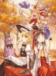  4girls :&lt; autumn closed_eyes demmy detached_sleeves drunk eyes_closed food hakurei_reimu highres ibuki_suika kirisame_marisa miko multiple_girls patchouli_knowledge sitting tea touhou tree 