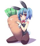  animal_ears black_legwear blue_hair bunny_ears bunny_tail bunnysuit carrot fictional_persona highres original oversized_object pantyhose ponytail red_eyes self-portrait short_hair solo tail wrist_cuffs 