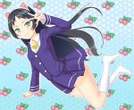  bell black_hair cat_ears cherry food footwear fruit fruit_background green_eyes hazuki_kurumi hips kaitou_tenshi_twin_angel long_hair salute school_uniform shougi_(116) socks swimsuit v wide_hips 