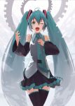  ahoge aqua_eyes aqua_hair detached_sleeves face gears hand_on_own_chest hand_to_chest hatsune_miku long_hair nail_polish necktie open_mouth pleated_skirt shirabi_(life-is-free) skirt solo thigh-highs thighhighs twintails very_long_hair vocaloid wink zettai_ryouiki 
