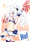  ahoge armpits blush cheerleader flat_chest long_hair midriff navel open_mouth original outstretched_arms pointy_ears pom_poms ponytail red_eyes reku shiroko_(reku) silver_hair skirt solo white_hair 