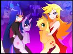  2girls 2others applejack crossover earrings horse jewelry klowncar multicolored_hair my_little_pony my_little_pony:_friendship_is_magic panty_&amp;_stocking_with_garterbelt panty_(character) panty_(psg) pony stocking_(character) stocking_(psg) twilight_sparkle unicorn 