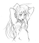  alternate_hairstyle arcueid_brunestud armpits arms_up drawfag grayscale greyscale highres long_hair messy_hair monochrome mouth_hold sweater tsukihime 