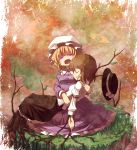  blonde_hair blueberry_(5959) brown_hair closed_eyes commentary dress eyes_closed hat hat_removed headwear_removed holding maribel_hearn multiple_girls open_mouth purple_dress purple_eyes roots shirt skirt tears touhou usami_renko vines violet_eyes 