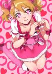  boots bow brown_hair choker cure_peach dress earrings fresh_precure! hair_ornament hairpin heart heart-shaped_pupils heart_hands jewelry kneeling magical_girl momozono_love pink_eyes precure ribbon rocd short_hair smile solo symbol-shaped_pupils twintails 
