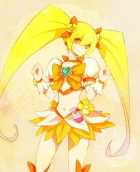  blonde_hair bow brooch cure_sunshine dress earrings flower hair_flower hair_ornament hair_ribbon heartcatch_precure! jewelry kanbara_maro long_hair magical_girl midriff myoudouin_itsuki navel orange_eyes precure ribbon smile solo twintails wrist_cuffs yellow 