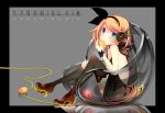  aqua_eyes blonde_hair eating food fruit hair_ornament hair_ribbon hairclip headphones highres kagamine_rin orange ribbon shoes short_hair sitting solo temari_(artist) temari_(deae) thighhighs vocaloid 