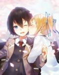  ;d arm_hug black_hair blazer blonde_hair blue_eyes blush character_request cheek_kiss cherry_blossoms closed_eyes copyright_request eyes_closed face hand_on_shoulder kiss necktie open_mouth petals profile shirabi_(life-is-free) smile twintails wink 