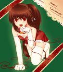  brown_hair cat_pose christmas elbow_gloves face fang fangs gloves hands highres little_busters!! long_hair merry_christmas natsume_rin nikotamu open_mouth paw_pose ponytail red_eyes simple_background solo thigh-highs thighhighs 