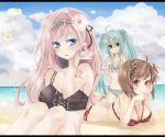  bandeau beach bikini breast_envy breasts brown_hair cleavage cloud clouds colored_eyelashes eyelashes flower frilled_bikini frills front-tie_top hair_flower hair_ornament halter_top halterneck hatsune_miku looking_at_viewer lying megurine_luka meiko mikippa on_stomach pink_hair shaded_face swimsuit twintails vocaloid 