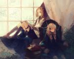  artist_request blonde_hair blue_eyes book bowl chair character_request closed_eyes long_hair plant series_request sitting smile source_request vest window 