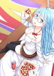  arm_support black_legwear blue_eyes blue_hair bow breasts cleavage denpa_onna_to_seishun_otoko drink eating food from_above glasses kaeru_no_ashi long_hair looking_up off_shoulder pizza pleated_skirt school_uniform sitting skirt solo thigh-highs thighhighs tongue touwa_erio very_long_hair zettai_ryouiki 