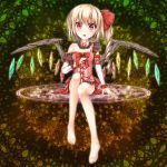  alternate_costume bare_legs bare_shoulders barefoot blonde_hair bow detached_sleeves feet flandre_scarlet floating hair_bow highres magic_circle off_shoulder red_eyes short_hair side_ponytail sitting solo the_embodiment_of_scarlet_devil toshizaki_shouma touhou wings 