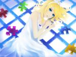  blue_eyes bou_nin dress hair_ornament hairclip kagamine_rin lying on_side puzzle_piece short_hair solo vocaloid white_dress 
