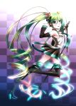  :q absurdres boots caffein checkered checkered_background detached_sleeves green_eyes green_hair hatsune_miku headset high_heels highres long_hair microphone microphone_stand necktie shoes skirt solo thigh-highs thigh_boots thighhighs tongue twintails very_long_hair vocaloid 