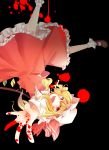  bad_id blonde_hair blood dress flandre_scarlet open_mouth pasutel red_dress red_eyes side_ponytail smile solo the_embodiment_of_scarlet_devil touhou upside-down wings 