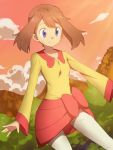  1girl bad_id blue_eyes bow brown_hair cosplay haruka_(pokemon) iris_(pokemon) iris_(pokemon)_(cosplay) maruki_(punchiki) no_bandana no_hat no_headwear pokemon pokemon_(anime) short_hair short_twintails skirt smile solo twintails 