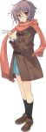  :o absurdres black_legwear blush brown_eyes coat glasses grey_hair highres itou_noiji long_sleeves nagato_yuki official_art scarf short_hair simple_background skirt solo standing suzumiya_haruhi_no_shoushitsu suzumiya_haruhi_no_yuuutsu toggles 