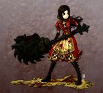  alice_(wonderland) alice_in_wonderland american_mcgee&#039;s_alice blood boots brown_hair dress green_eyes hobby_horse j-e-m-g long_hair weapon 